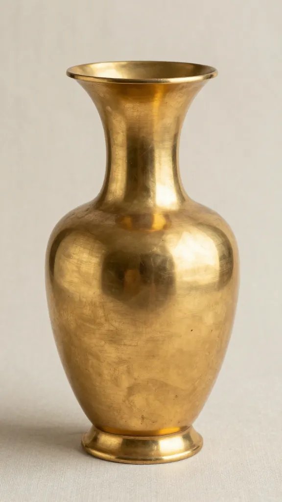 Closeup of brushed antique gold vase on neutral linen