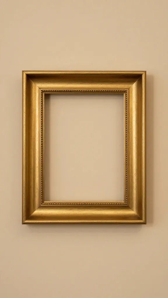 Focused image of brushed gold picture frame on warm beige wall