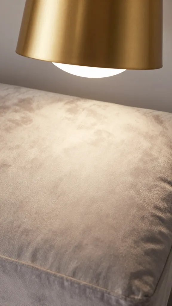 Closeup of gold-toned lighting fixture casting soft glow on velvet cushion