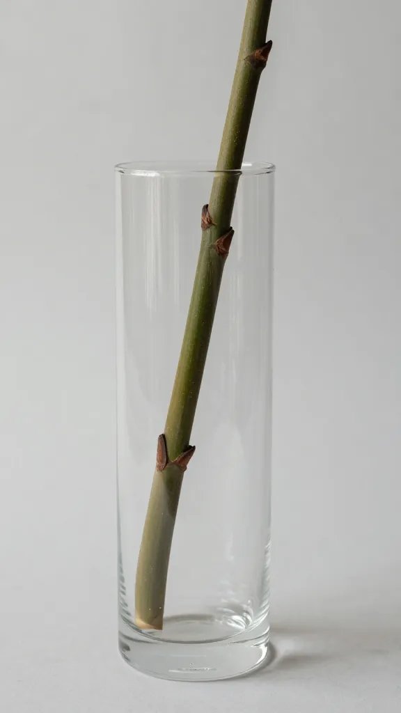 closeup of a glass vase with one bold accent stem on a neutral surface