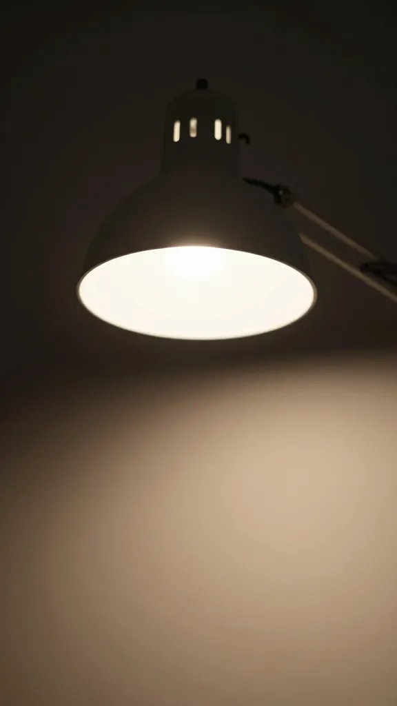 closeup of a task desk lamp casting focused beam