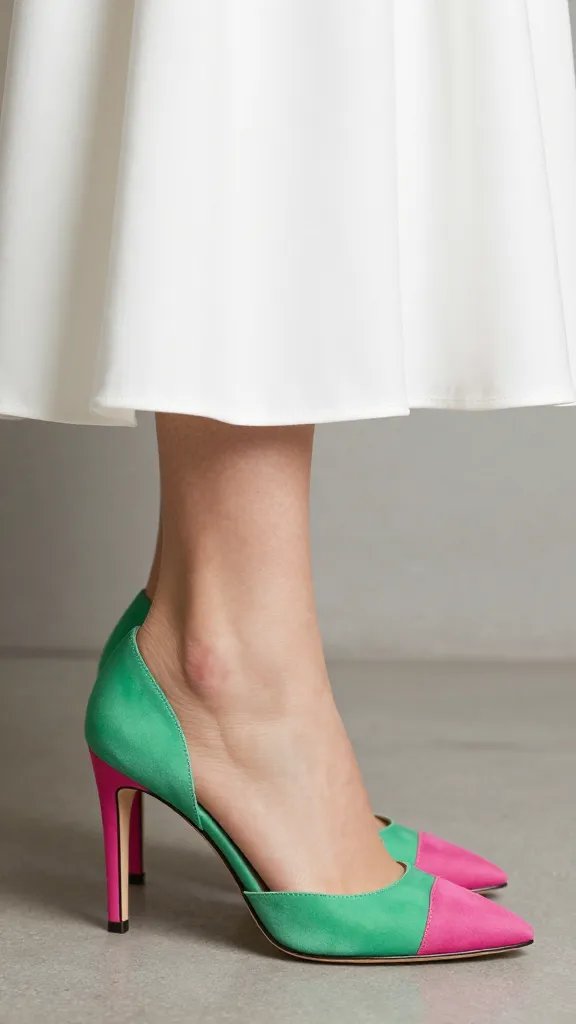 White dress elevated by colorful heels, closeup on shoe-to-hem detail