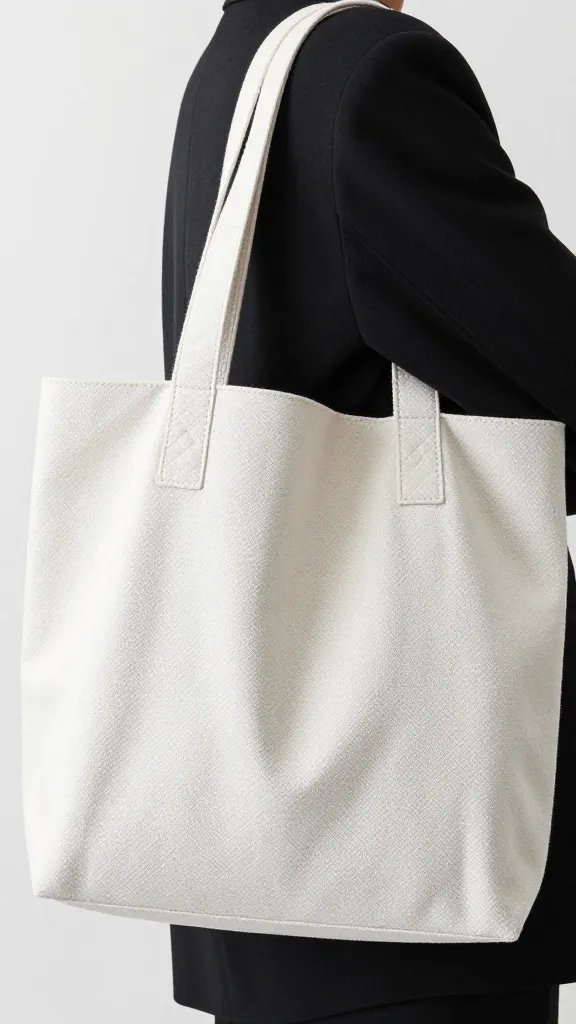 Simple tote with monochrome outfit, closeup on bag handle and fabric contrast