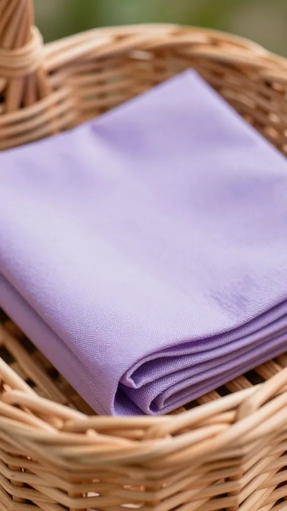 Closeup of a romantic picnic basket with a folded lavender napkin