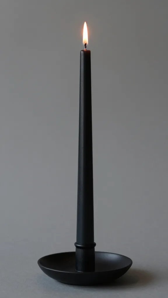 Moody candlelit centerpiece with tall black taper candle, shallow depth