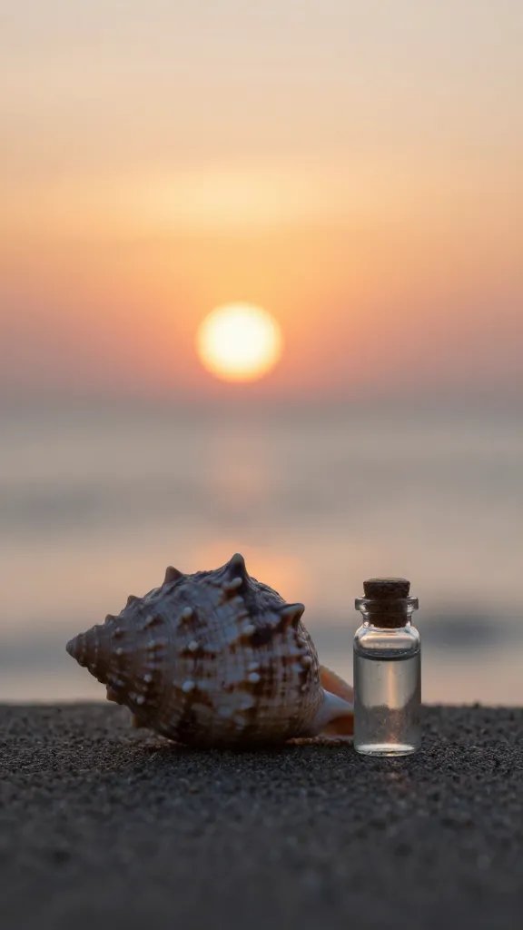 Coastal sunset-inspired seashell beside a small glass bottle