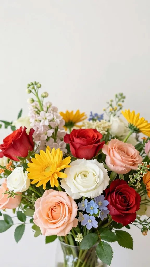 Bright botanical bouquet closeup with vibrant mixed florals on soft backdrop