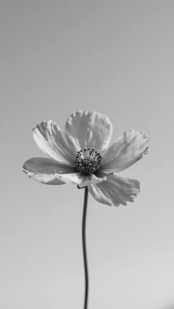 Monochrome single bloom held in focus against airy negative space