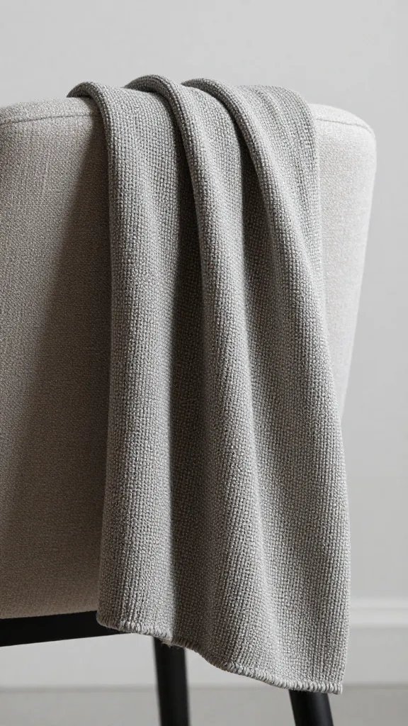Closeup of a single woven throw draped over a chair back