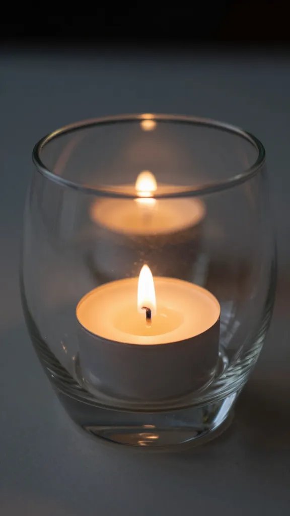 closeup of a glass hurricane centerpiece with lit votive candles