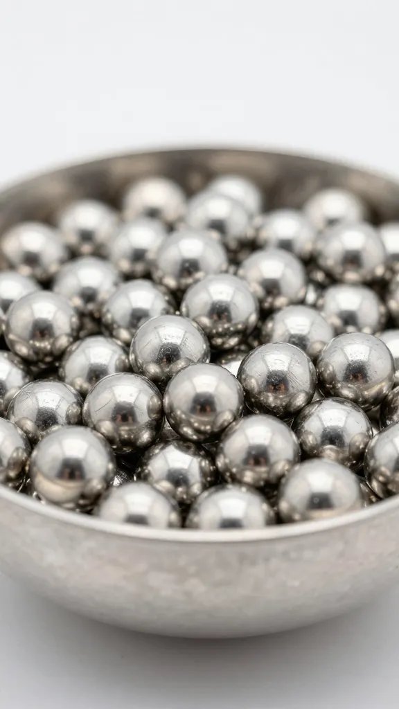 closeup of a low broad bowl filled with silver balls centerpiece