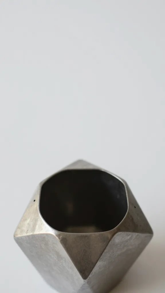 closeup of a geometric metallic container holding a minimalist arrangement