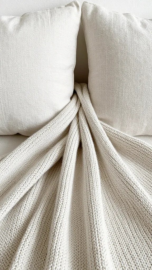 Closeup of a chunky knit throw intertwined with smooth linen pillows
