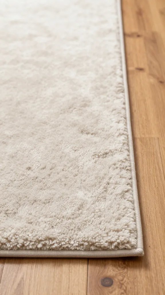 Closeup of a plush rug resting on a hardwood floor edge