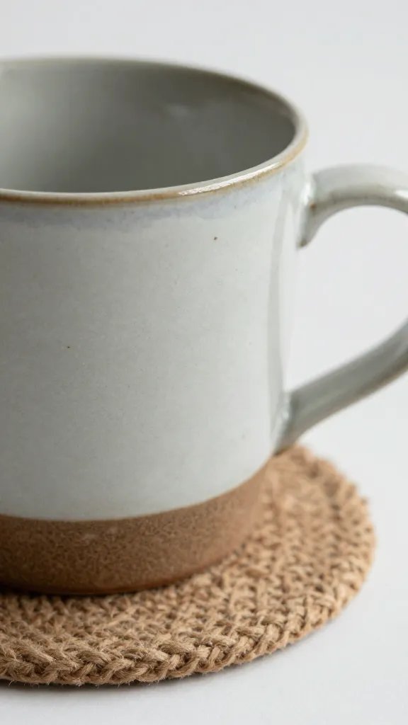 Closeup of a ceramic mug on a cozy textured coaster