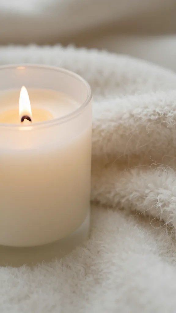 Closeup of a scented candle beside soft, fuzzy blanket fibers