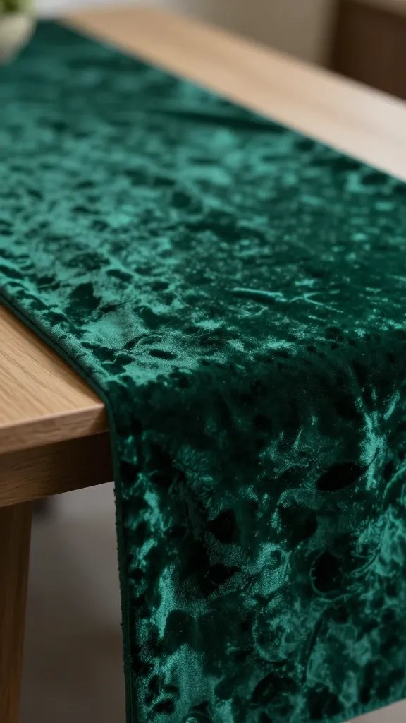 closeup of a velvet table runner in deep emerald under softroom lighting