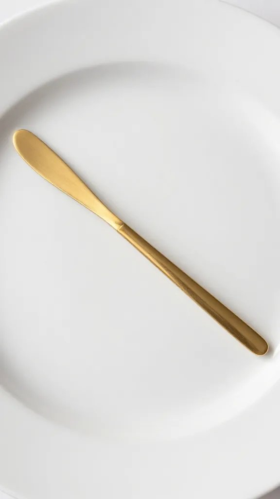 closeup of a pristine white ceramic plate with a single gold cutlery accent