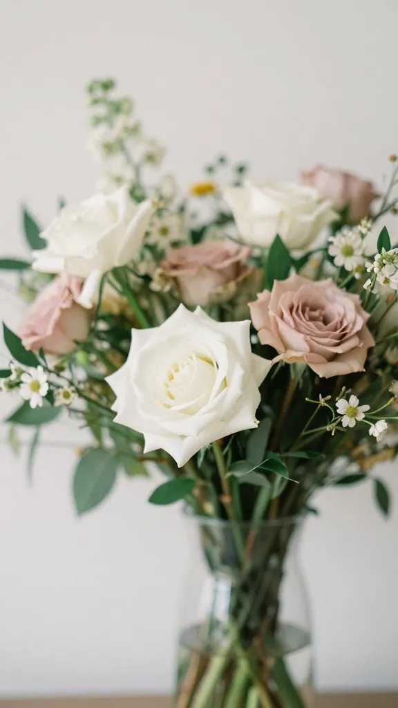 closeup of a focal point floral arrangement in a single tall vase, muted hues