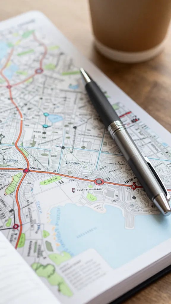 closeup of a road-map notebook with a pen and coffee cup