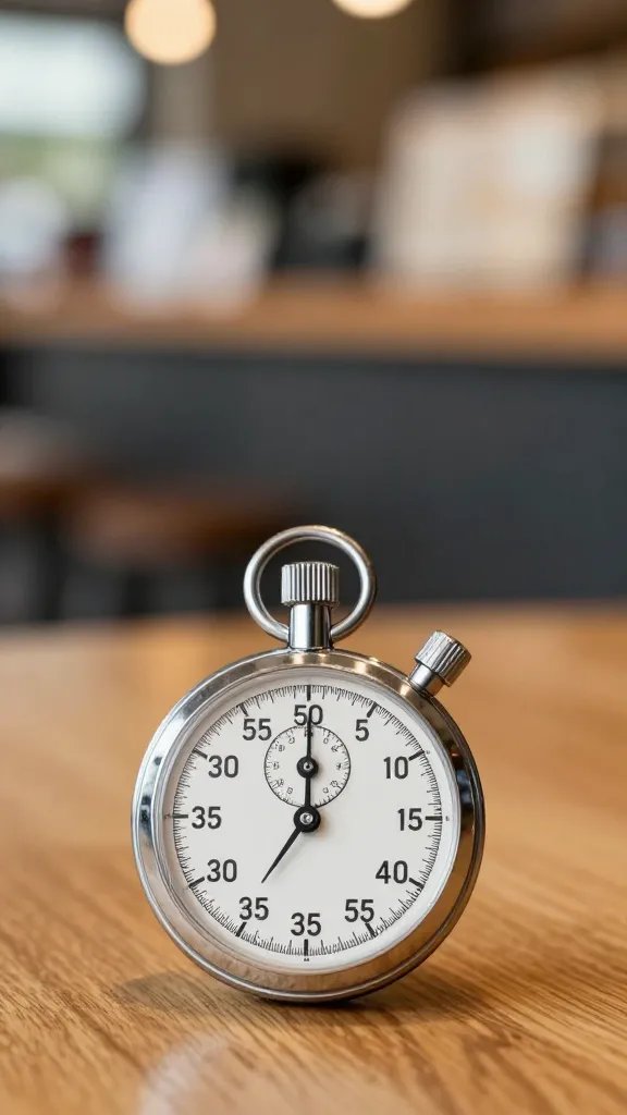 closeup of a stopwatch on a wooden table with a blurred coffee shop background