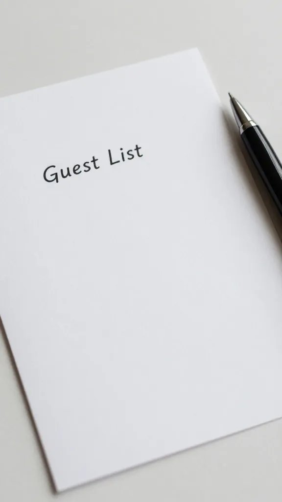 closeup of a minimalist guest list on a simple card with a pen