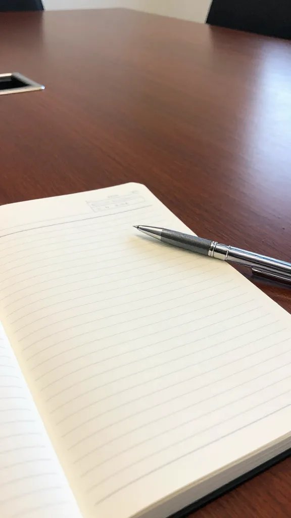 Closeup of a lined budget notebook with a pen on a conference table