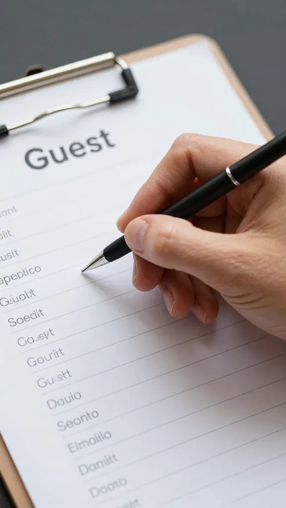 Closeup of a single event planner’s hand marking a guest list on a clipboard