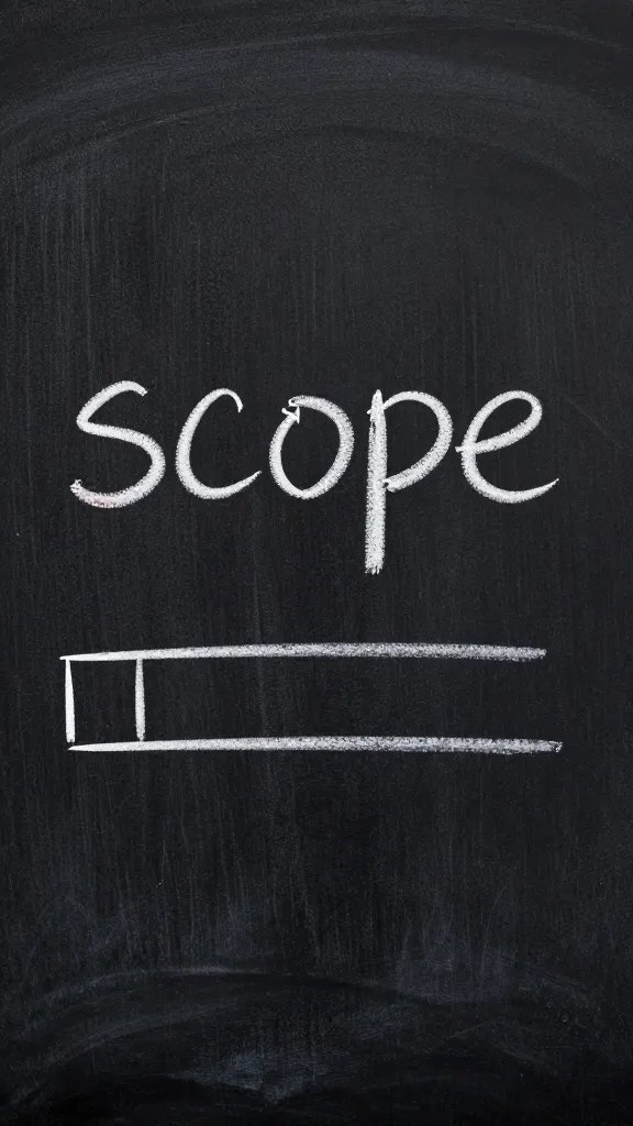Closeup of a single chalkboard with “scope” written and a budget line item
