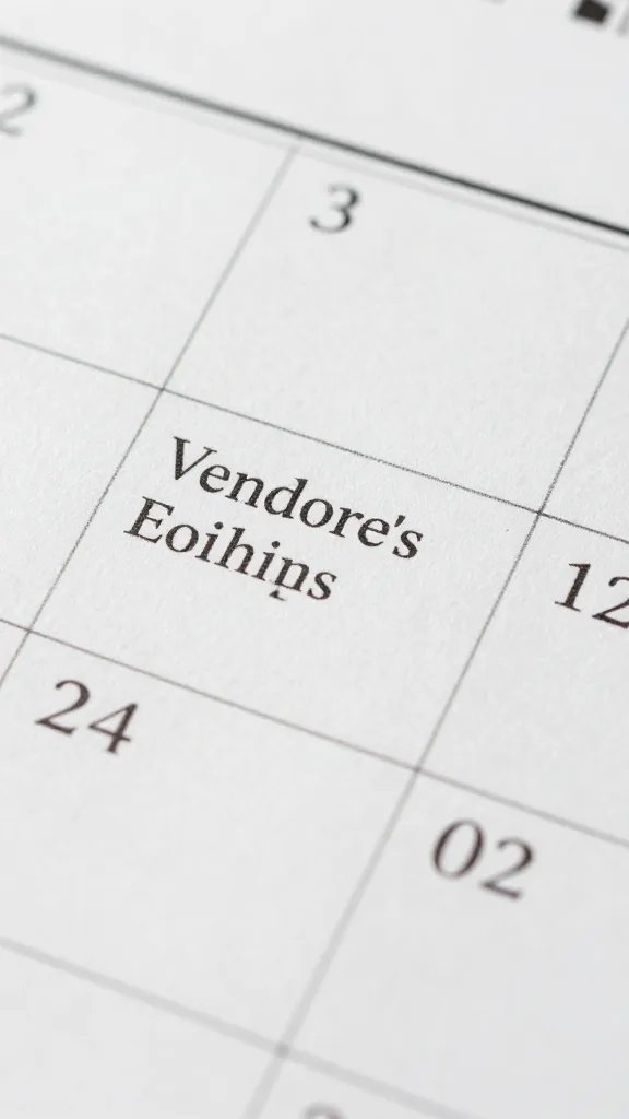 Closeup of a single calendar page marking key vendor bookings and dates