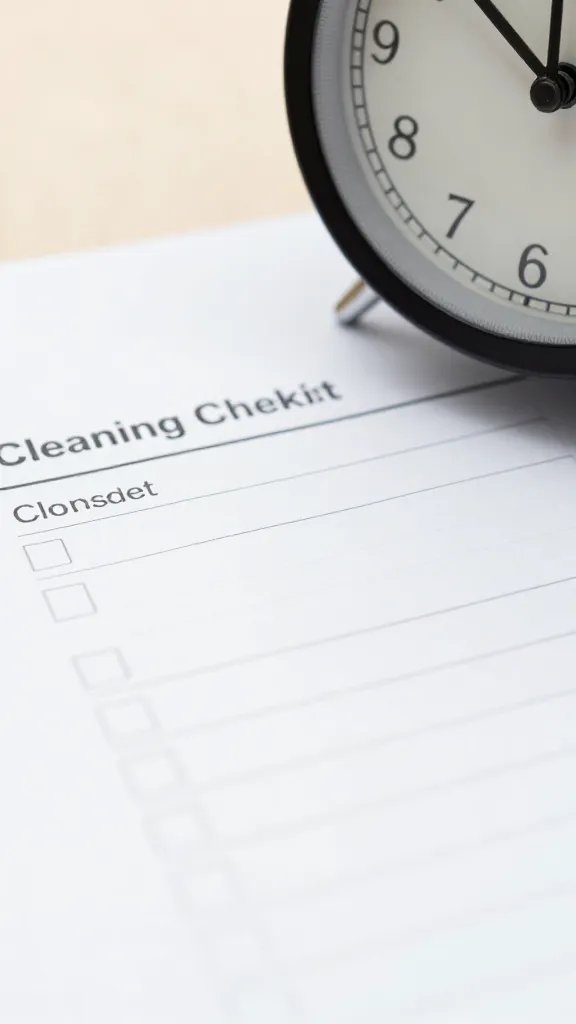 Closeup of a cleaning checklist with a clock showing short buffer time