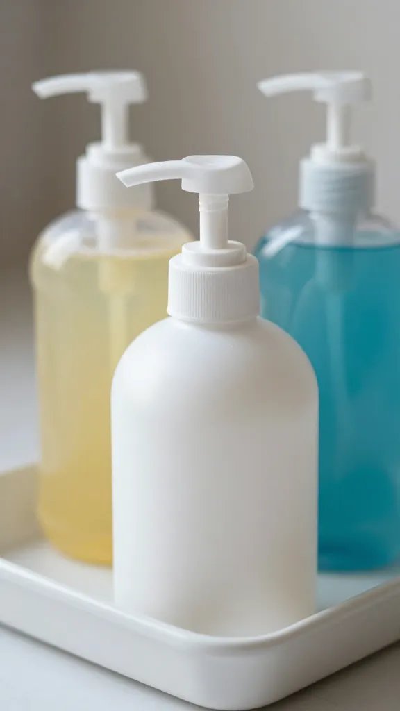 Closeup of a fresh soap dispenser and cleaning supplies on a tray