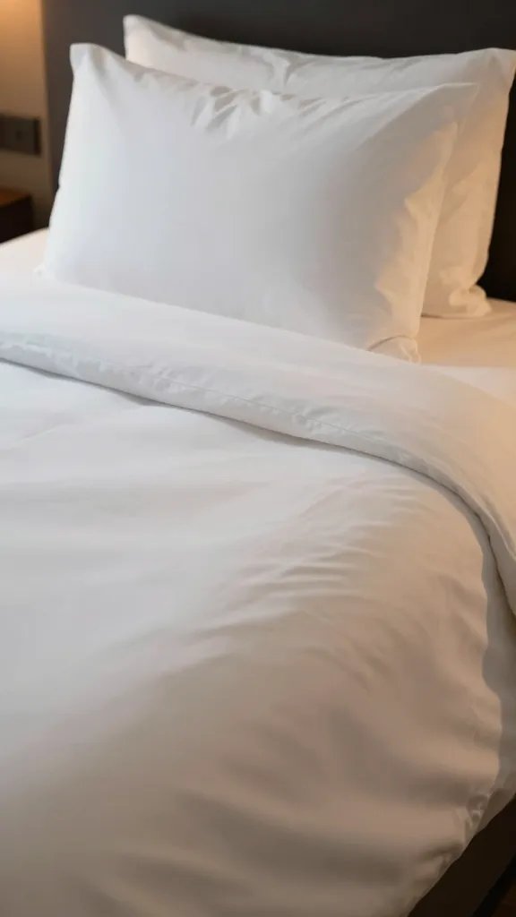 Closeup of a pristine guest room bed with crisp linens and dim lighting