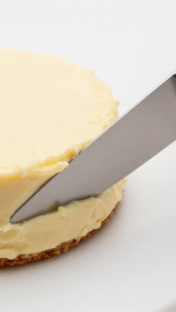 closeup of a single cake knife slicing a small cake edge