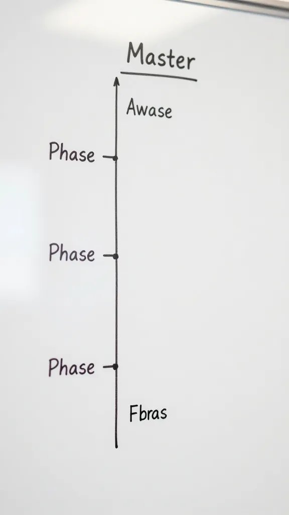 Closeup of a single master timeline on a whiteboard with phase labels