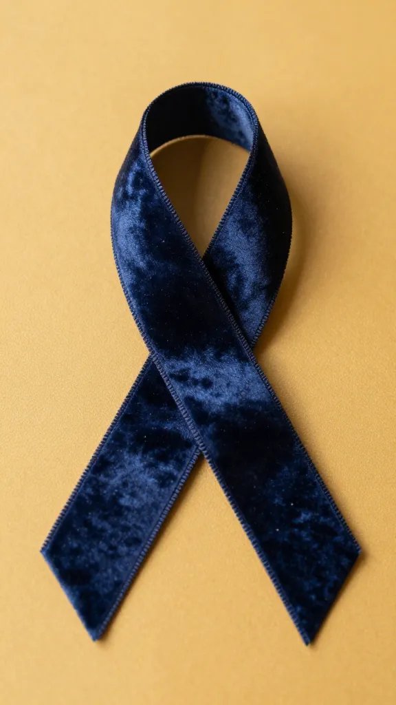 closeup of a single navy velvet ribbon on warm golden fabric