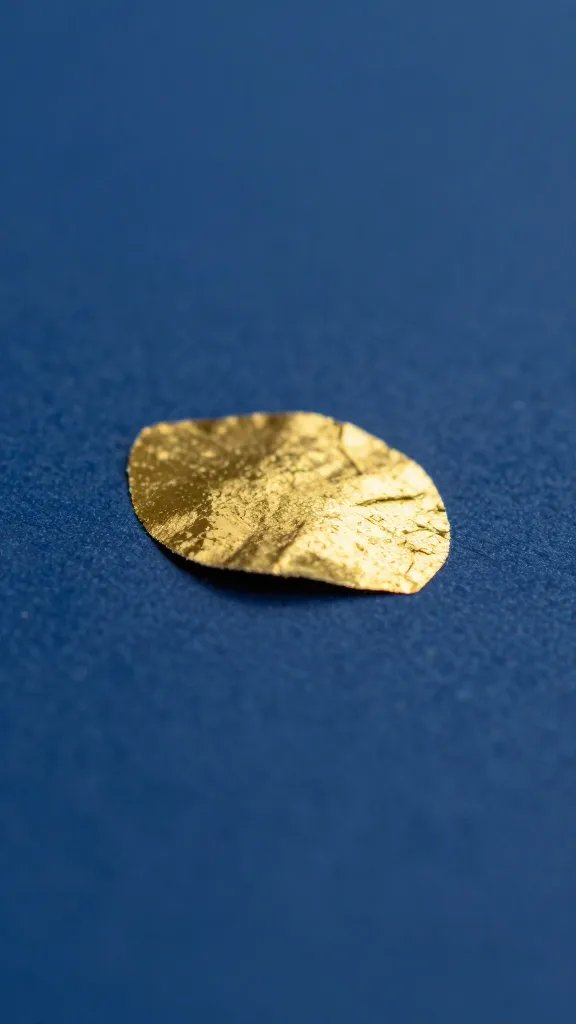 closeup of a single metallic gold confetti piece on deep blue surface