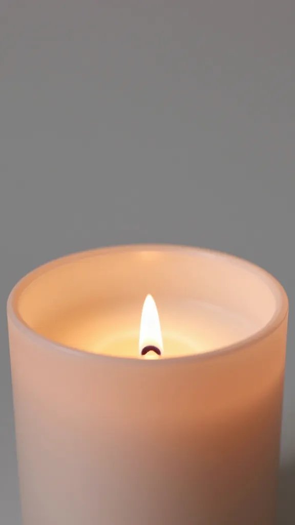 closeup of a single soft blush candle with warm glow and minimal decor