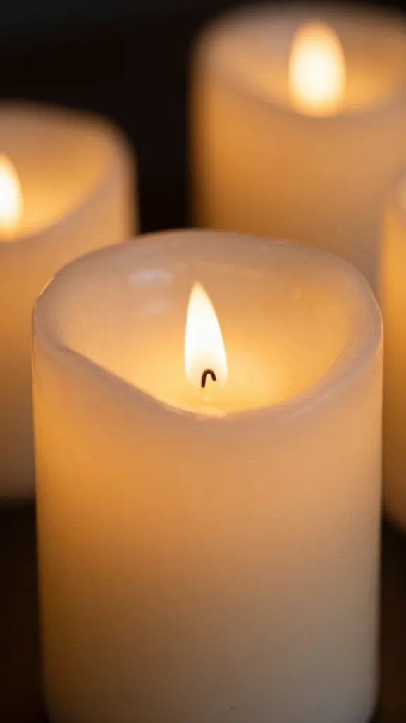 closeup candle glow illuminating a welcome vignette at entry