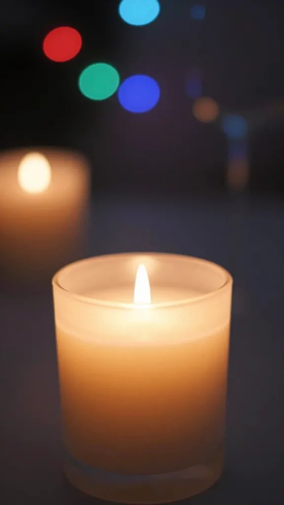 closeup of a single scented candle with a blurred background party glow