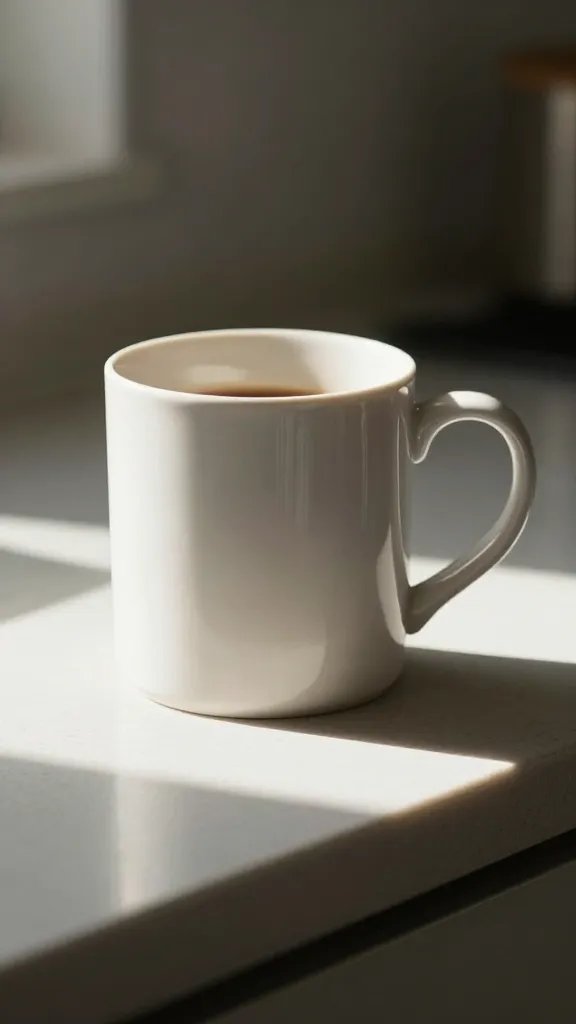 Closeup of sunlight hitting a coffee mug on a kitchen counter