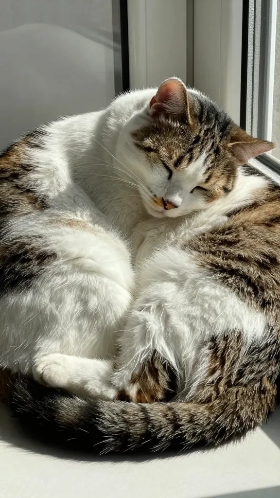 Closeup of a cat curled up sleeping on a sunlit windowsill