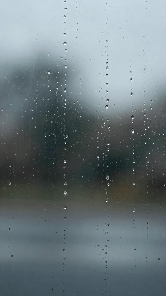 Closeup of rain tapping a window pane with soft reflections