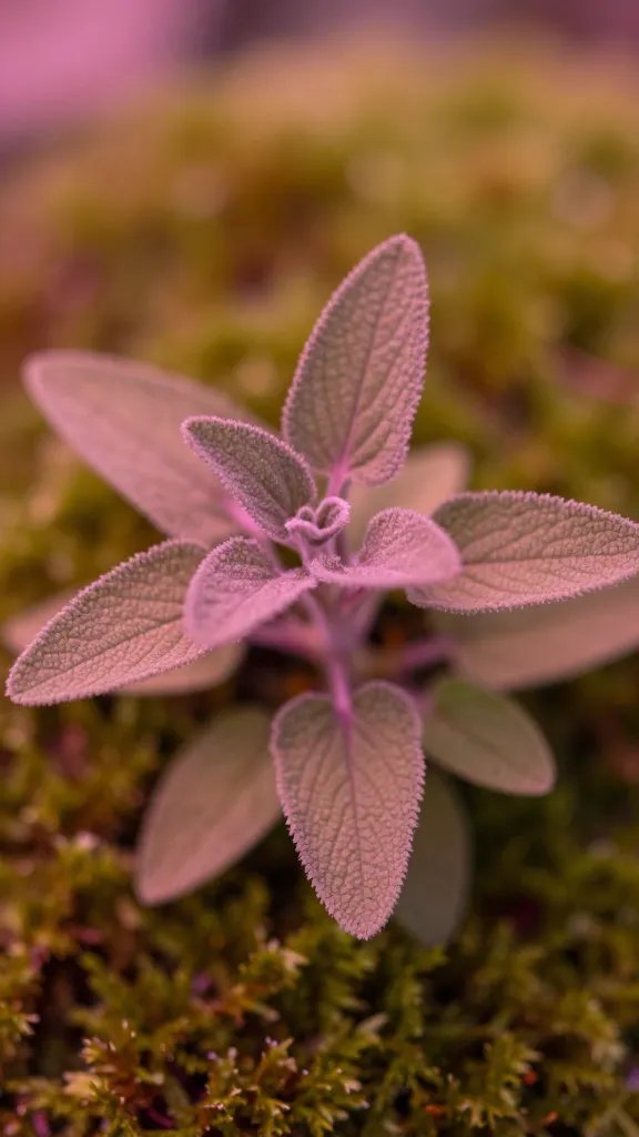 Close-up of a mossy sage plant with warm pink light