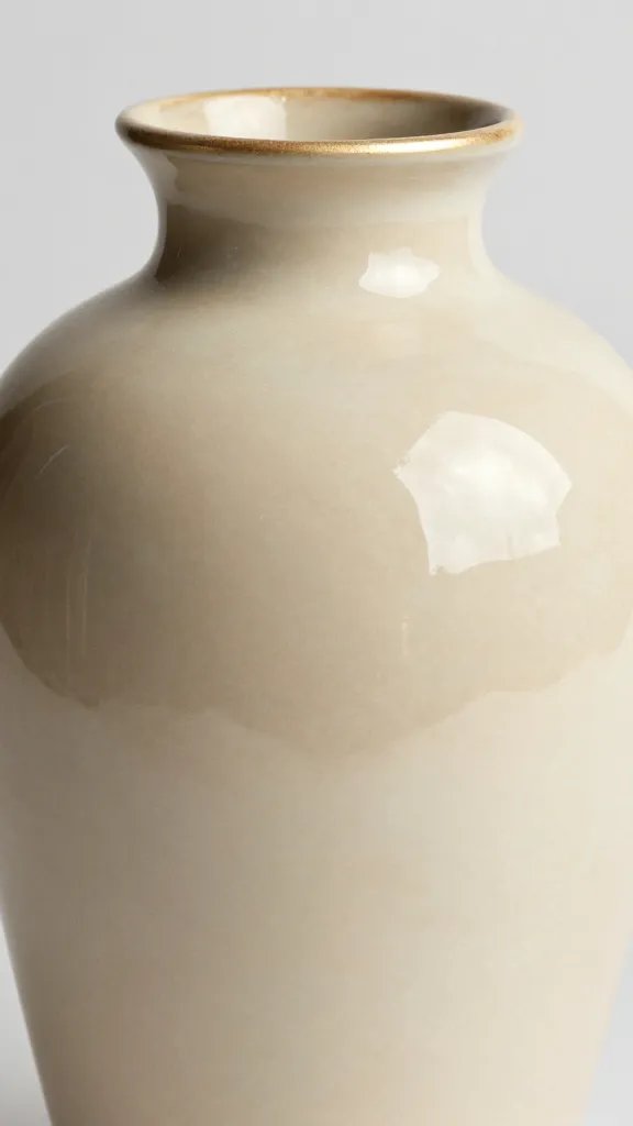 Close-up of a creamy beige ceramic vase with soft metallic accents