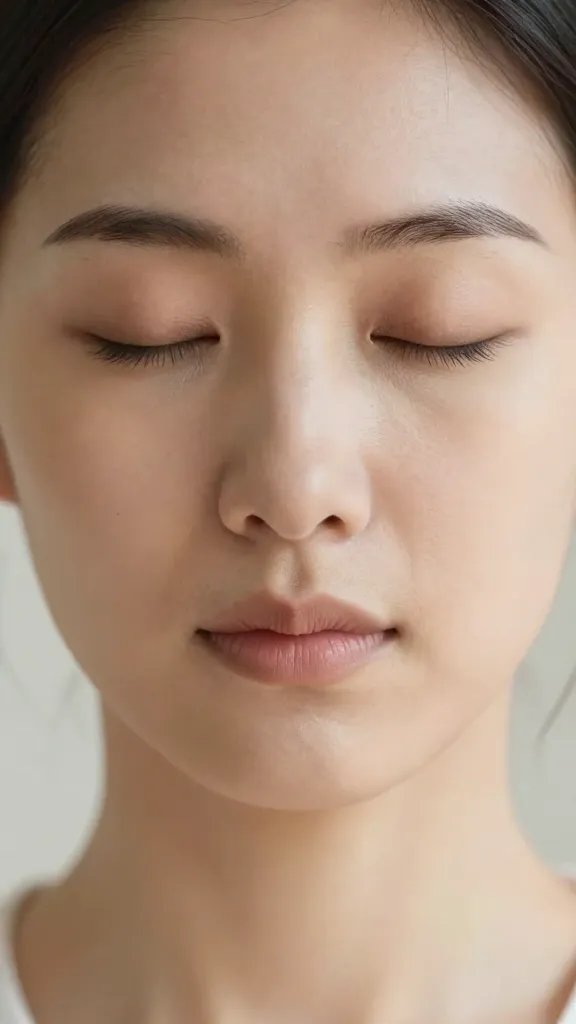 Closeup of a person practicing micro-meditation, eyes closed, calm expression
