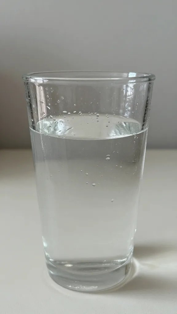 Closeup of a glass of water with condensation, on a desk, minimal clutter