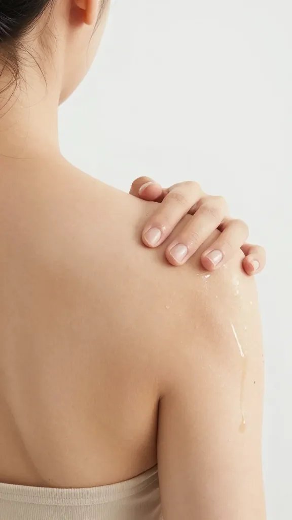 Closeup of a hand stretching shoulder, on a clean white surface