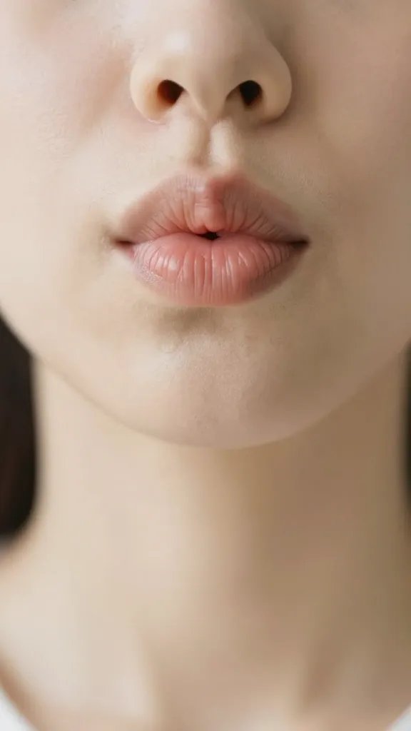 Closeup of a person exhaling with pursed lips, soft-focus background