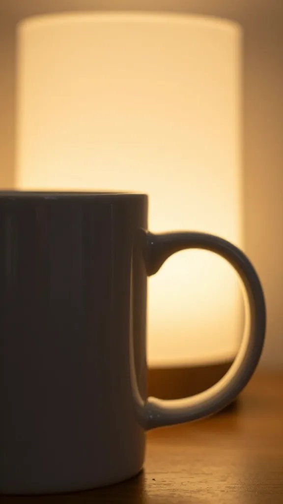 Closeup of a standout mug with warm glow lamp behind